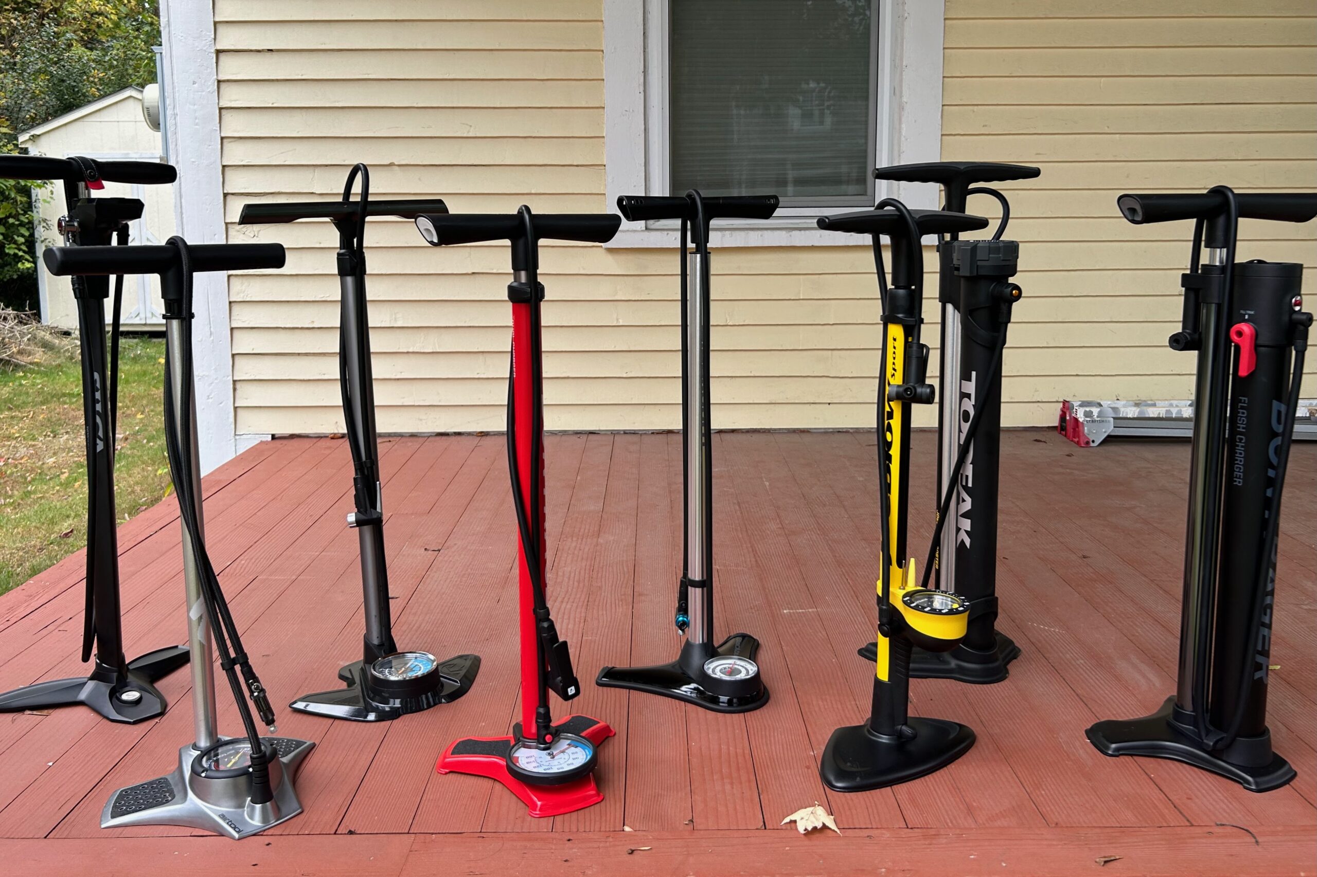 Group photo of most of the bike pumps we tested