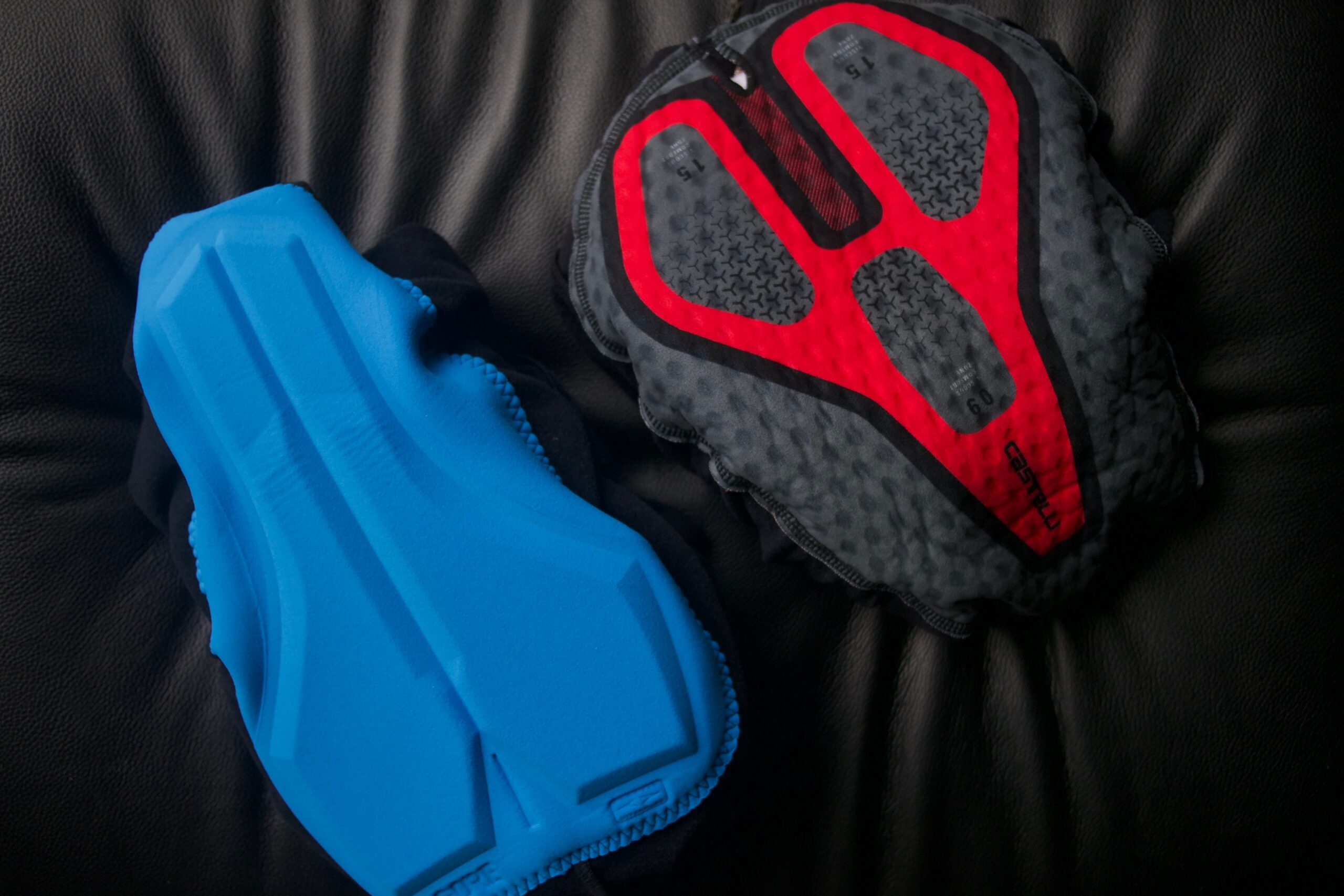 Comparison shot of two chamois pads from bib tights we tested