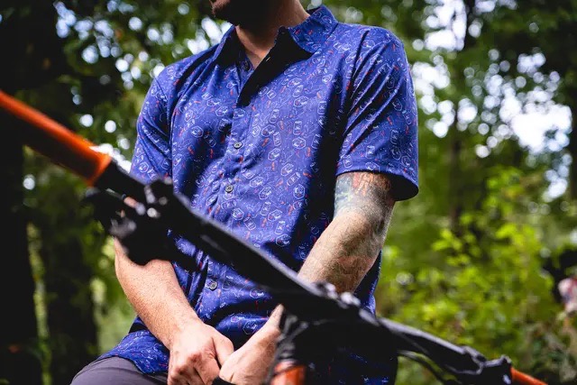Handup x Pabst Collection BBQ button up on bike
