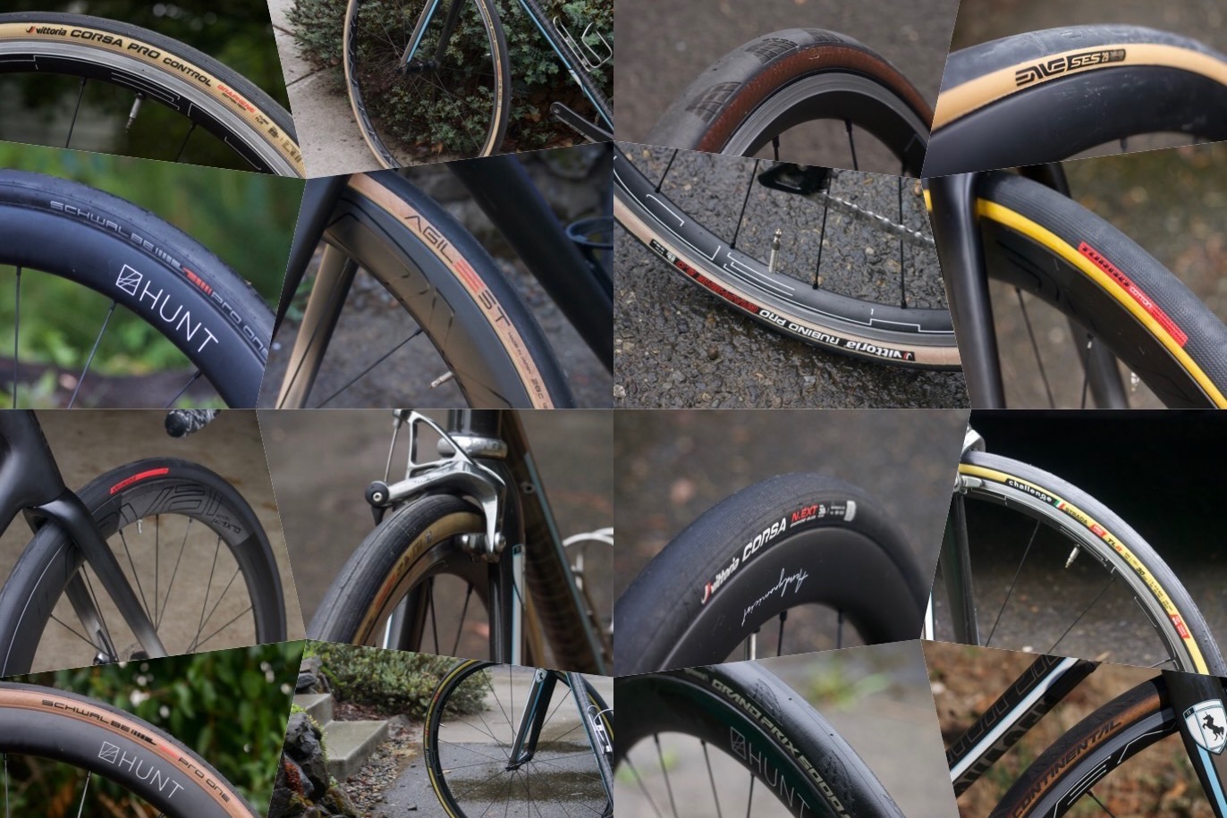 A collage photo of road bike tires included in our buyers guide