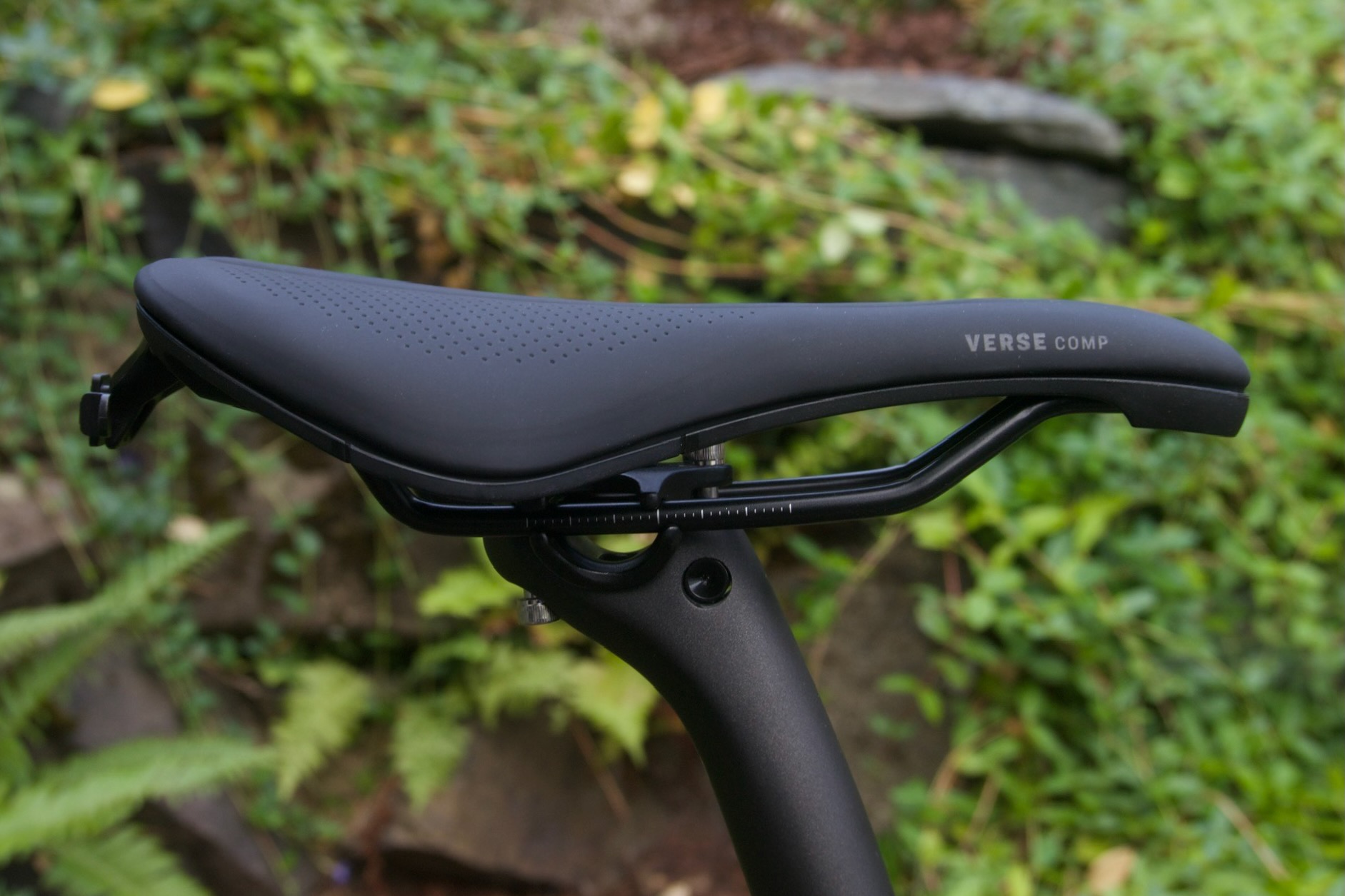 A side view of the Bontrager Verse Comp road bike saddle that shows the adjustment markings on the rails