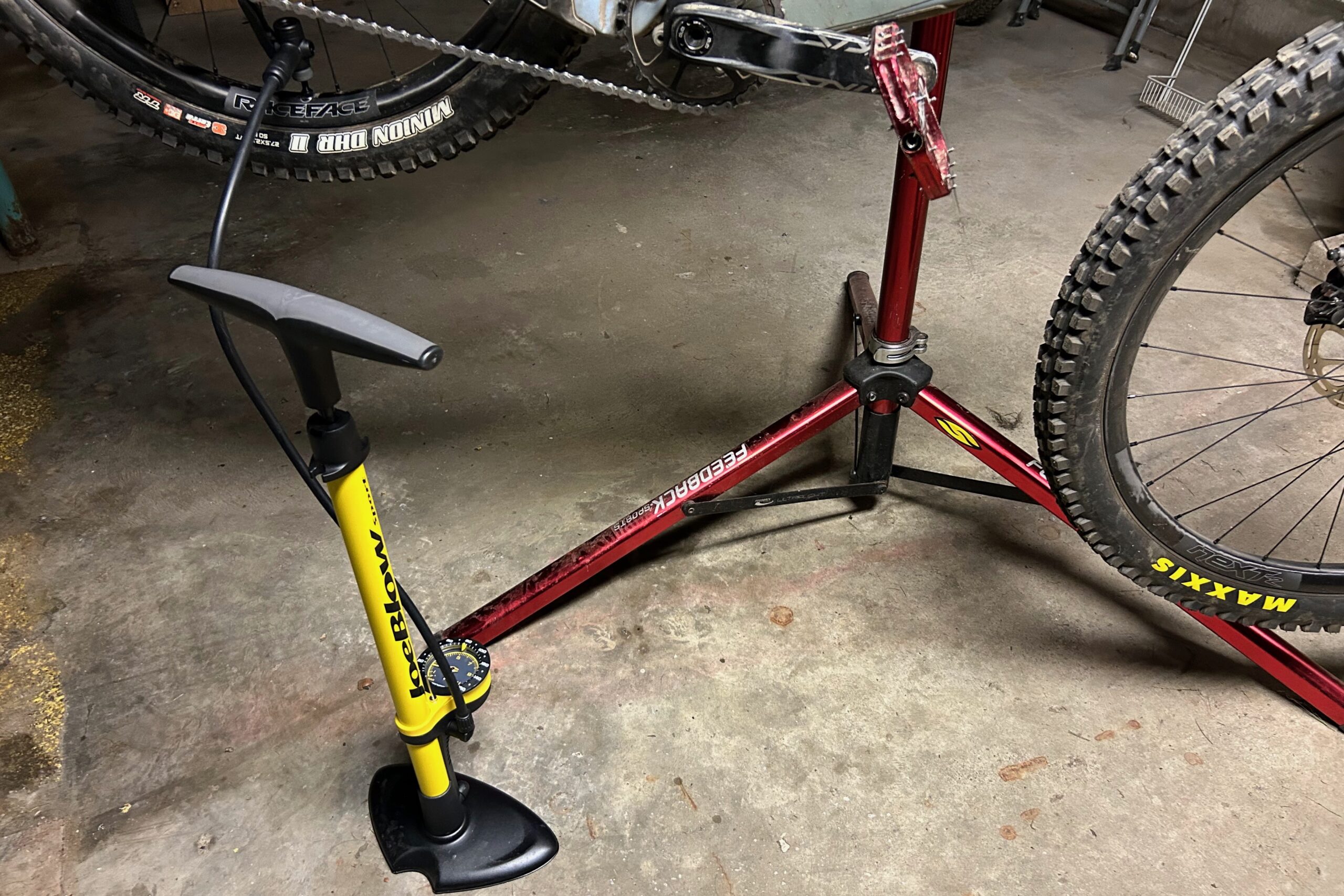 The ToPeak Jow Blow Sport III bike pump in use in a home workshop