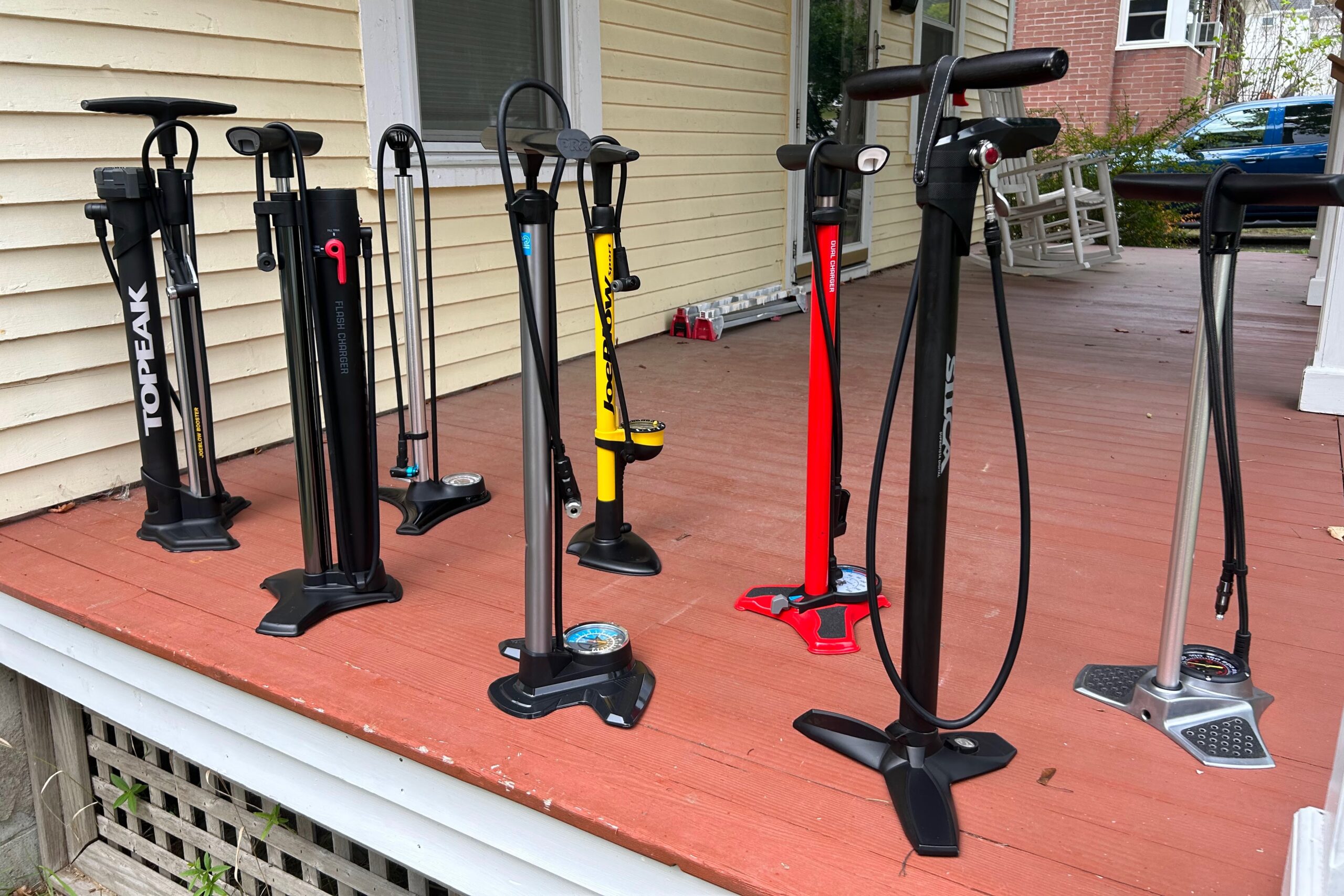Group shot of most of the bike pumps we tested