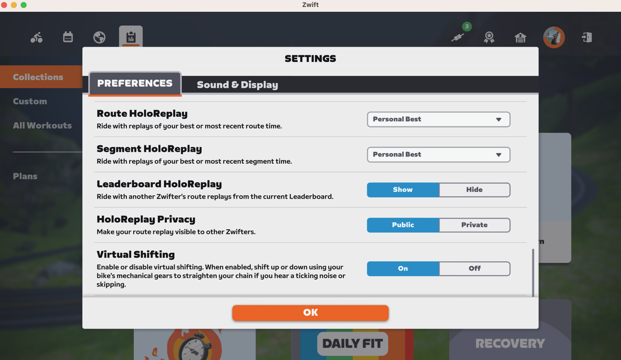 Zwift virtual shifting settings menu