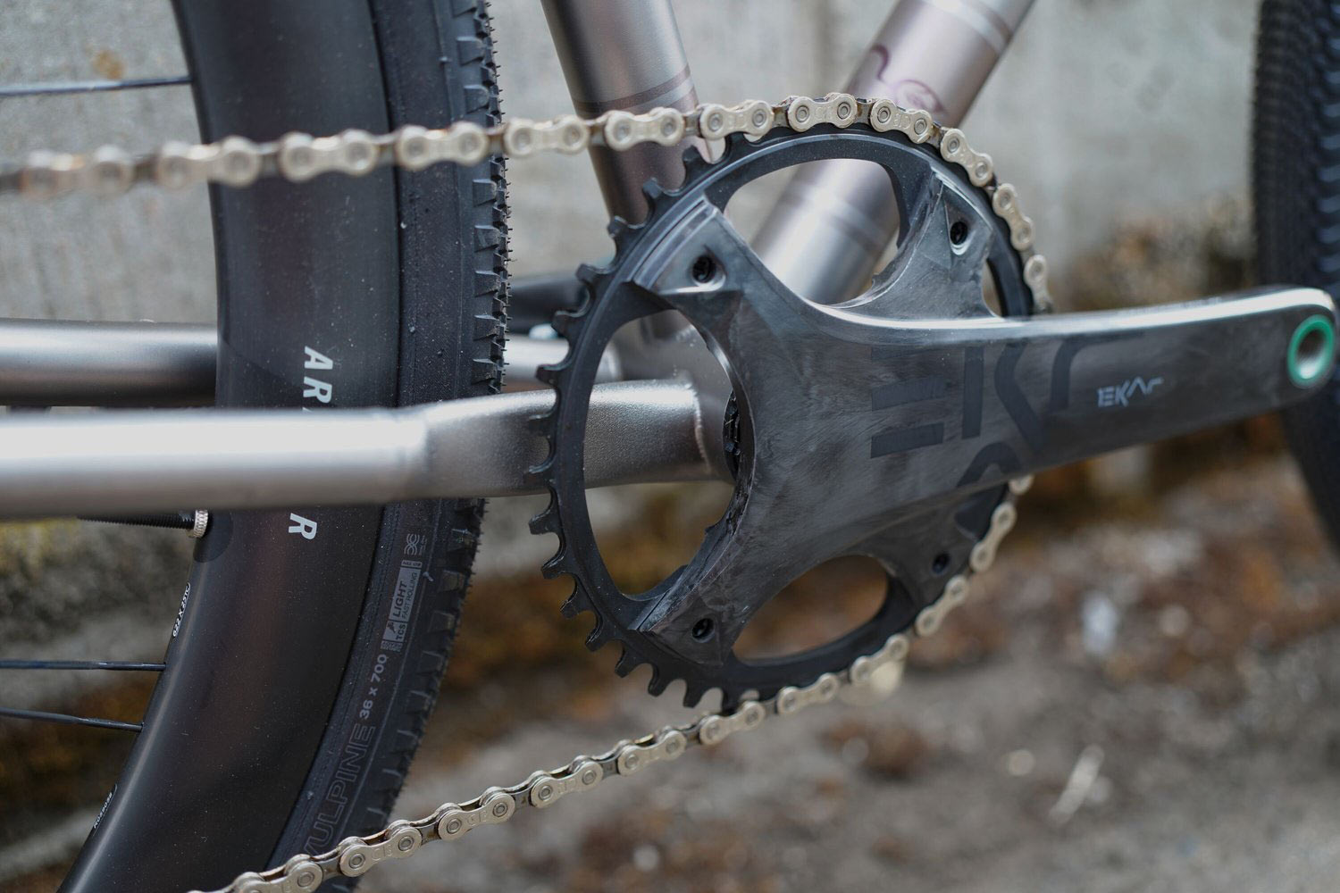 bottom bracket detail on merlin sandstone XLG titanium gravel allroad bike