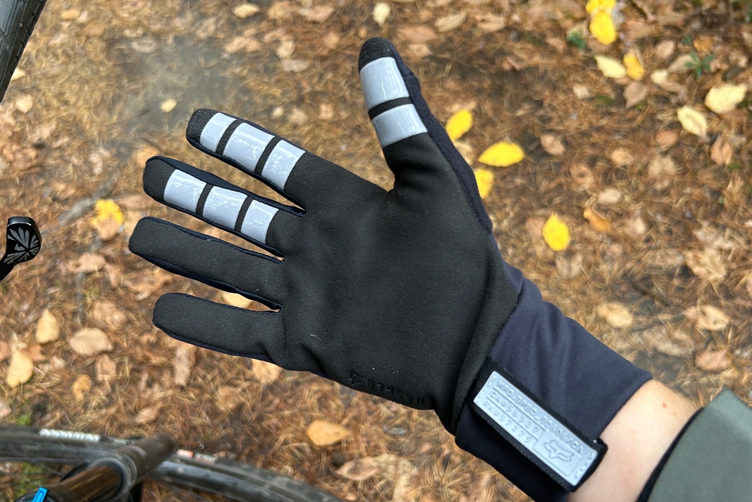Close up shot of the AX Suede palm of the Fox Ranger Fire mountain bike gloves