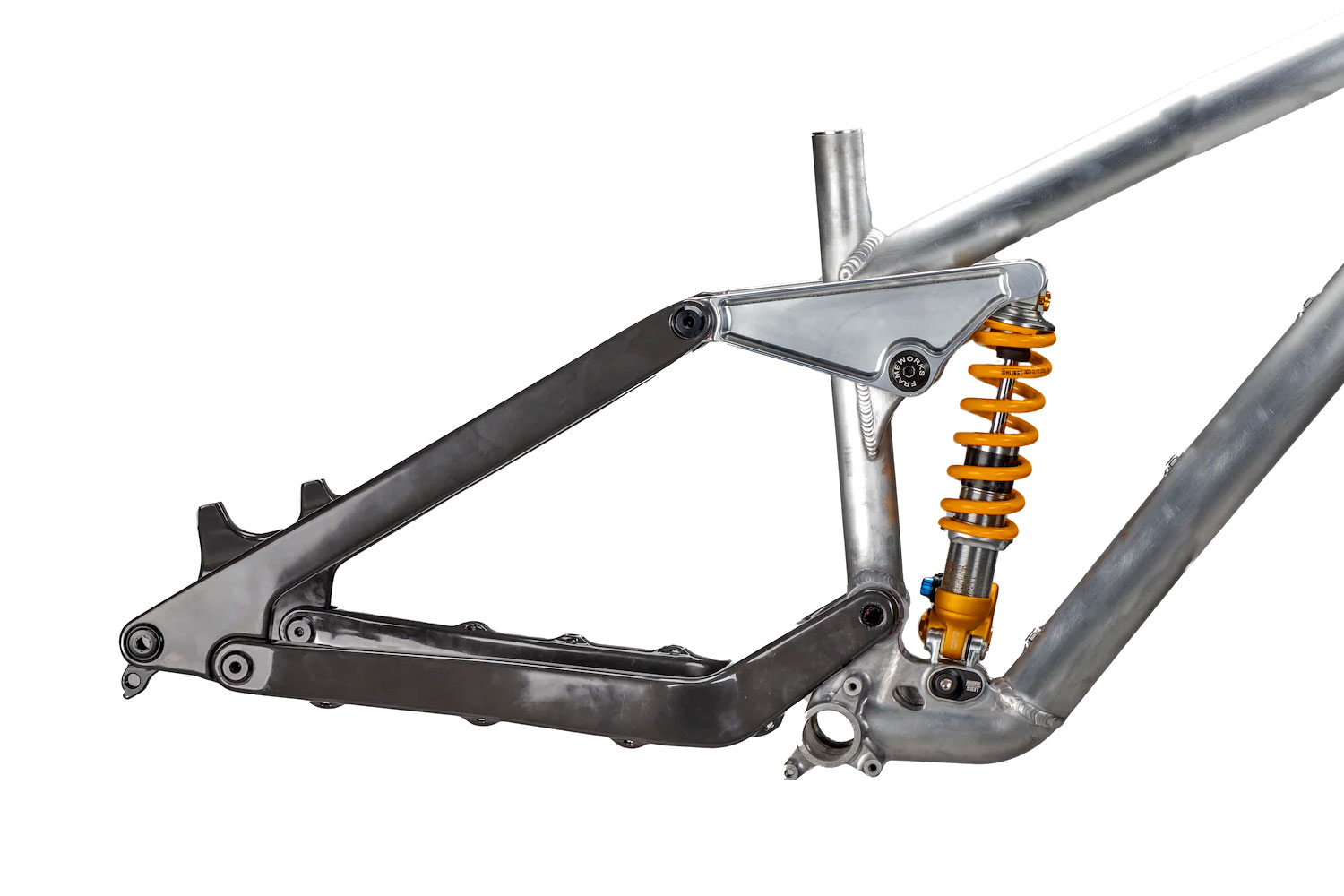 Frameworks DH bike frame, pre-order aluminum & carbon downhill bike project of Neko Mulally, carbon rear end