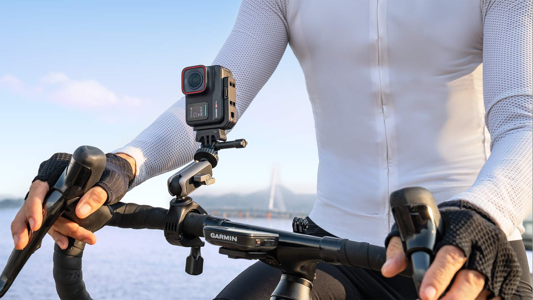 insta360 ace pro action camera on a bike in vertical mode