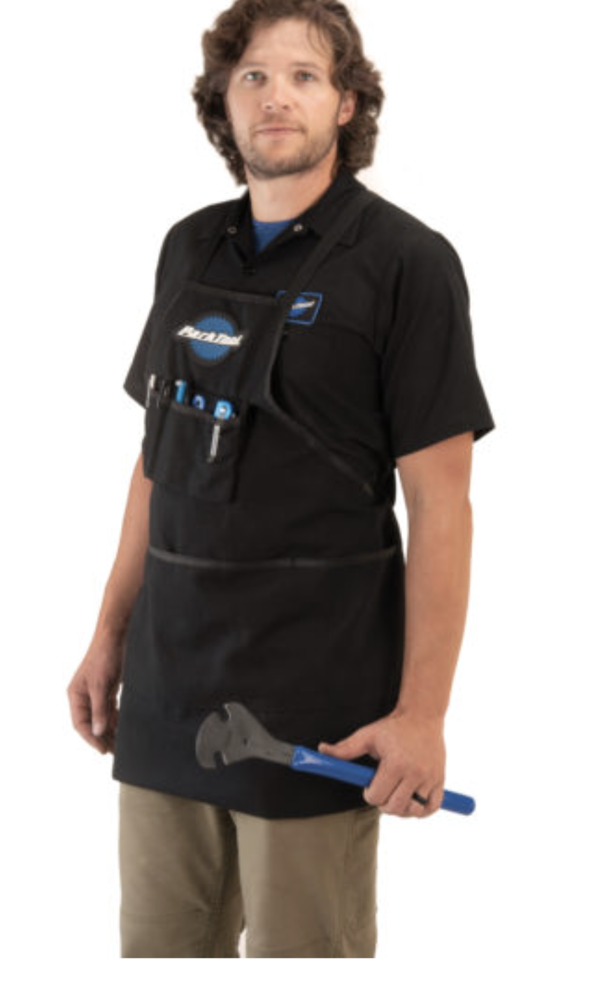 Park Tool Heavy Duty Shop Apron worn by a mechanic