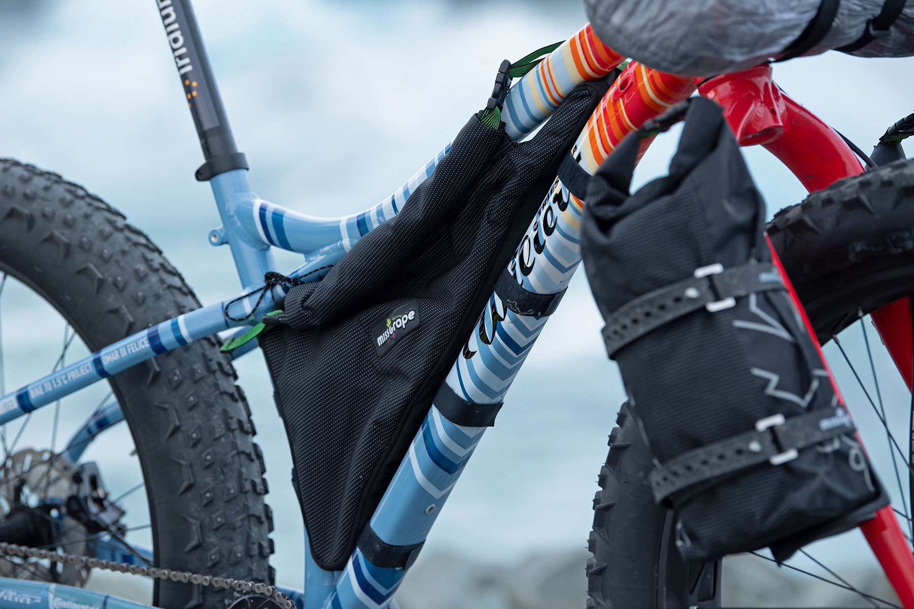 Omar di Felice Antarctica Unlimited solo crossing by fat bike, fatbike expedition for climate change awareness, photo by Mirror Media, frame & Miss Grape bags detail