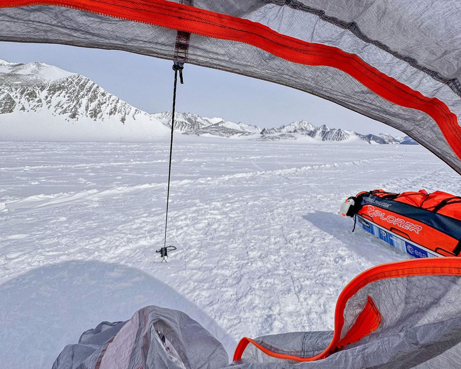 Omar di Felice Antarctica Unlimited solo crossing by fat bike, view from inside the tent on a clear day