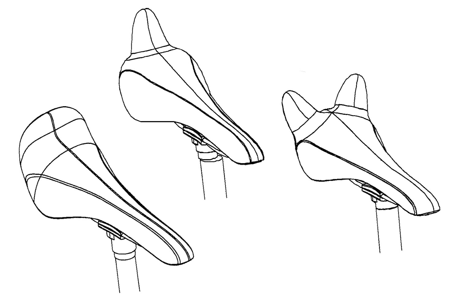 SaddleSpur unique ergonomic cycling saddle design with rear coccyx support, patent alternatives drawing