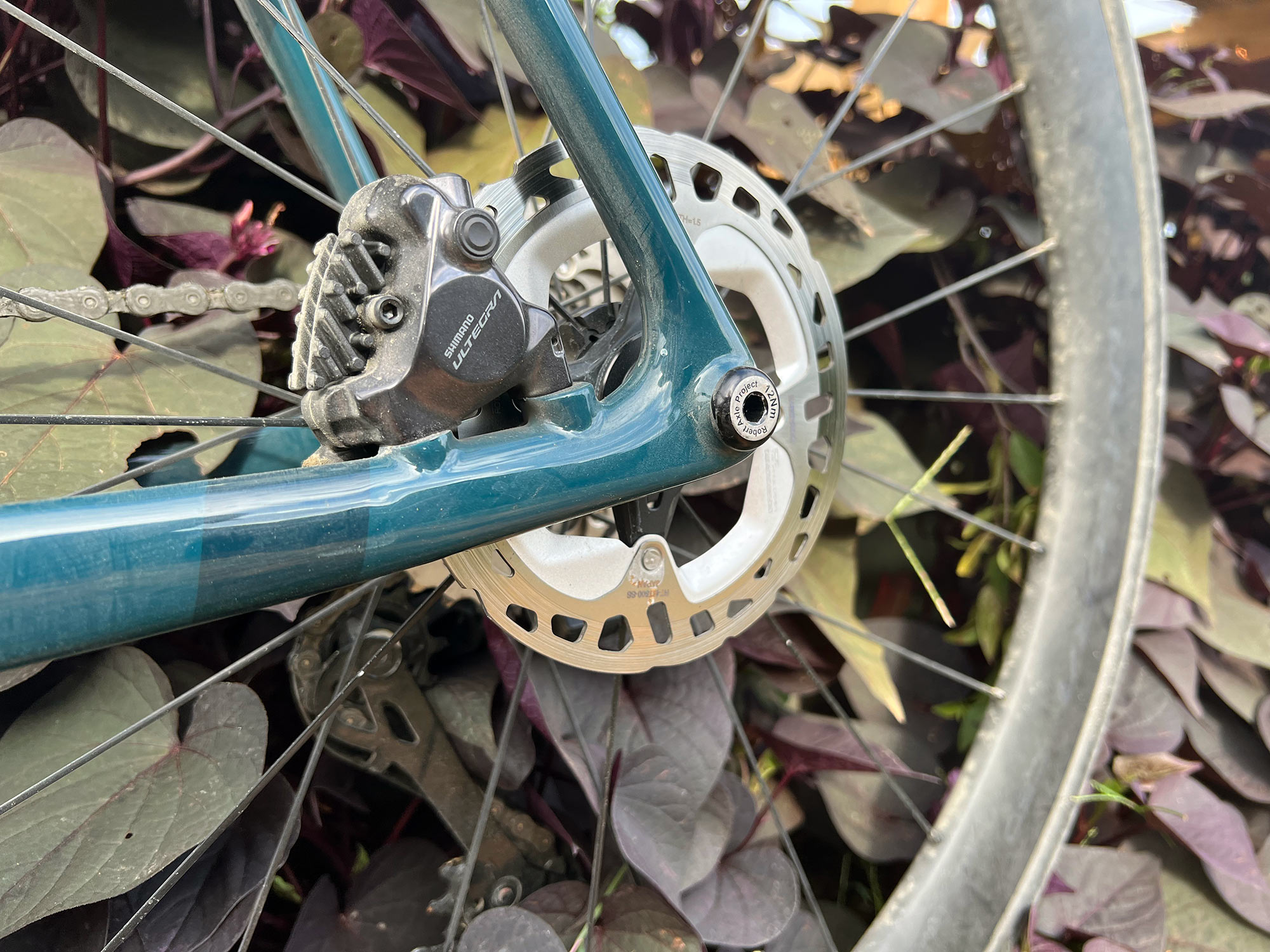 closeup details of shimano ultegra R8100 12-speed road bike brakes