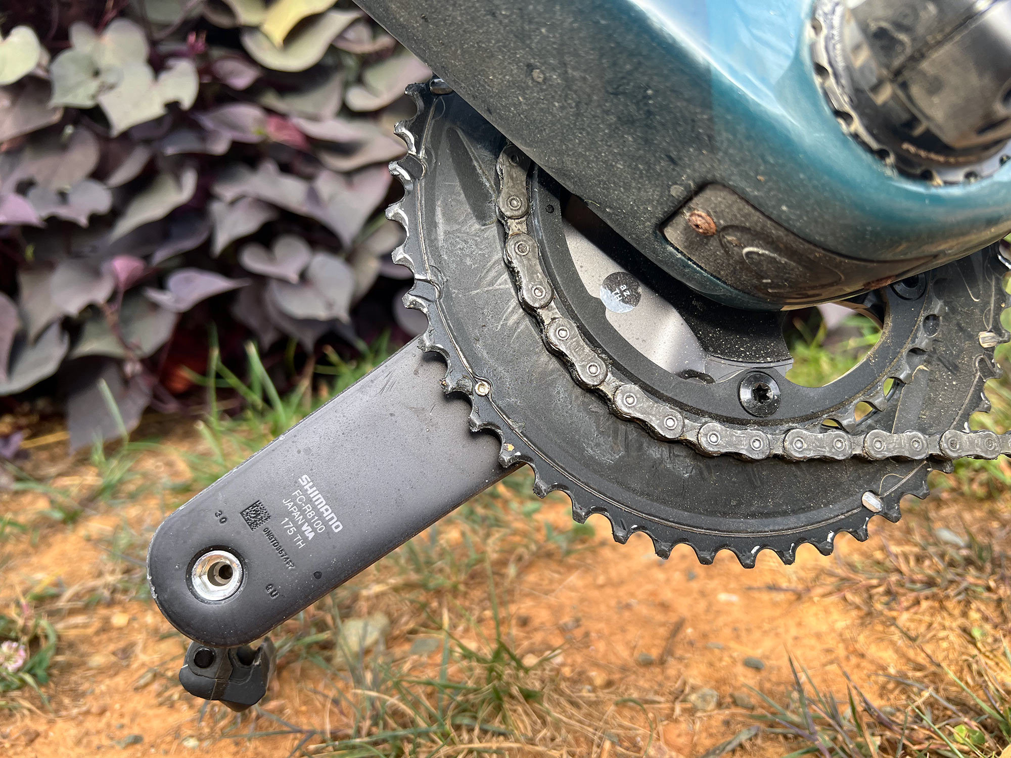 closeup details of shimano ultegra R8100 12-speed road bike crankset