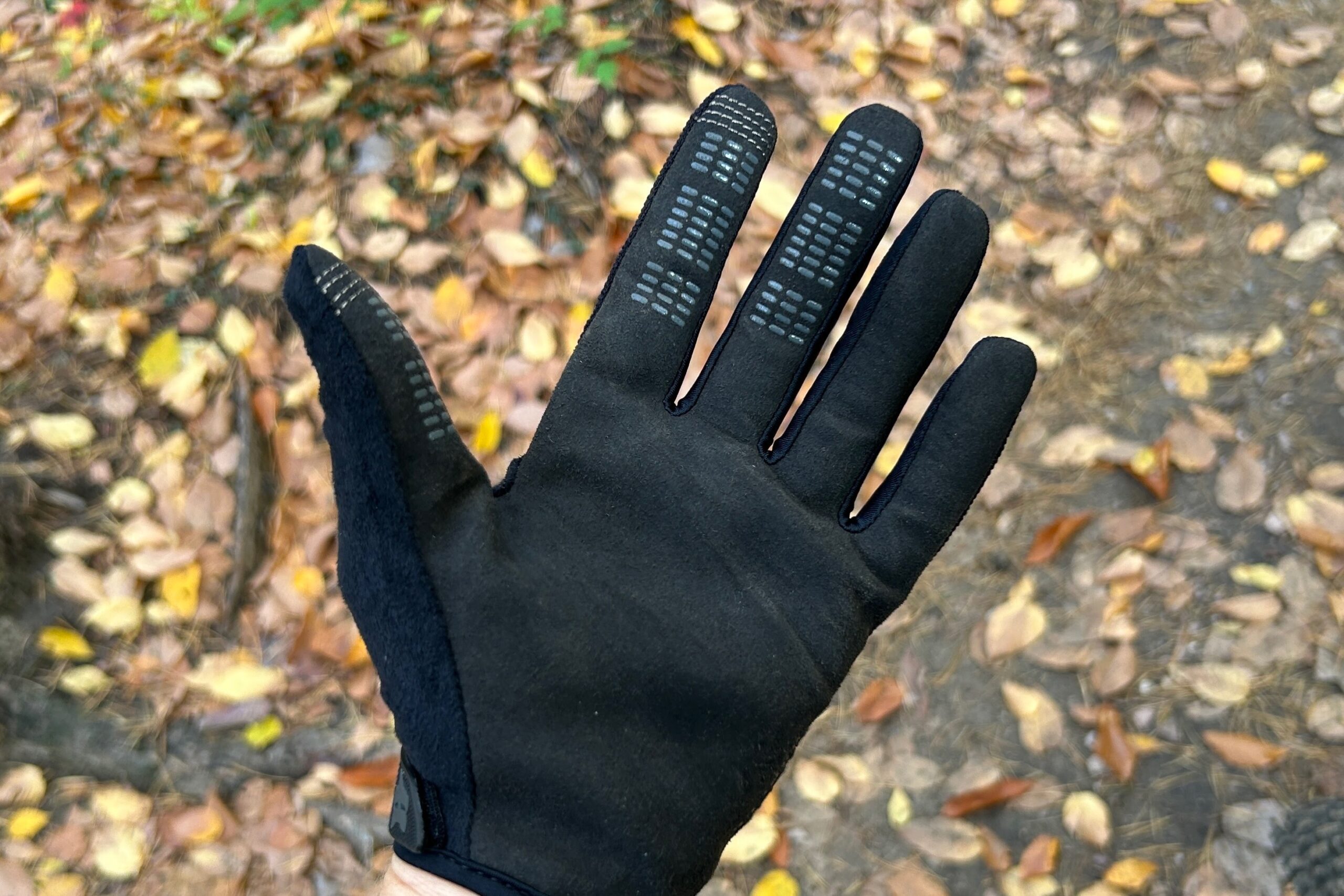 A closeup of the touchscreen compatible conduction threads on the Fox Ranger mountain bike gloves 