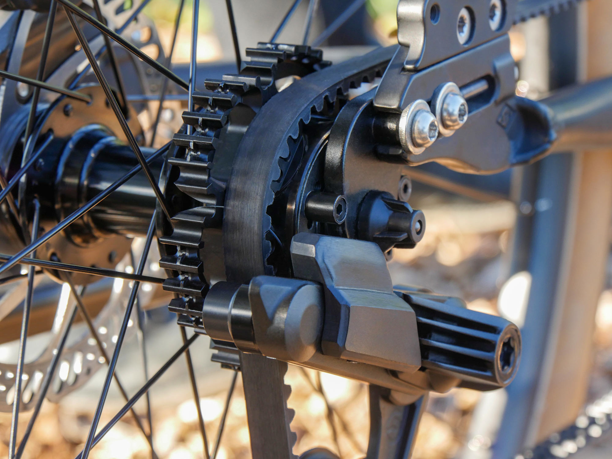 closeup rear view of prototype veer shift 2-speed cassette for belt drive bikes