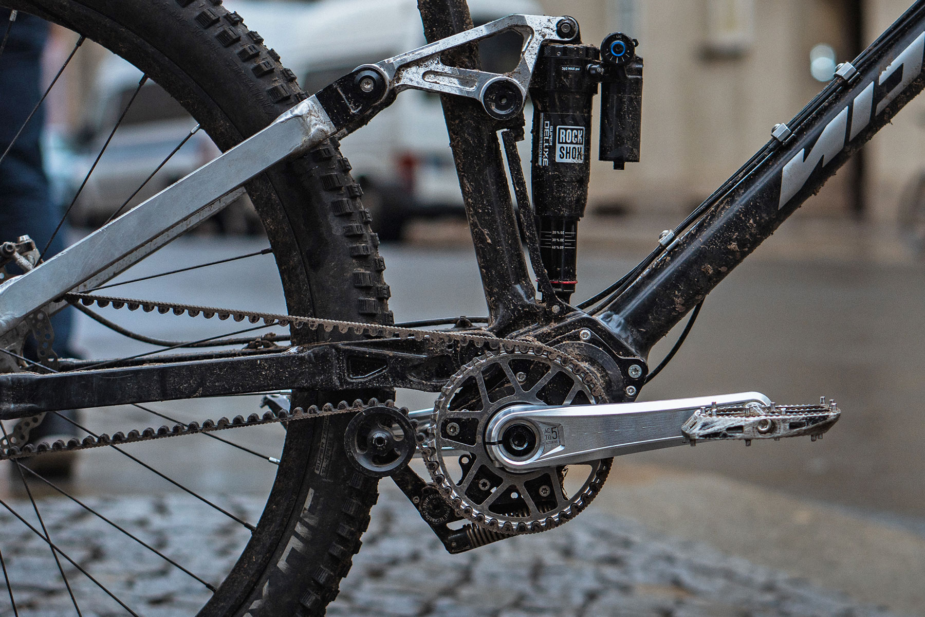 Actofive Signature X Pinion CNC-machined gearbox bike crankset, Nicolai Saturn test bike