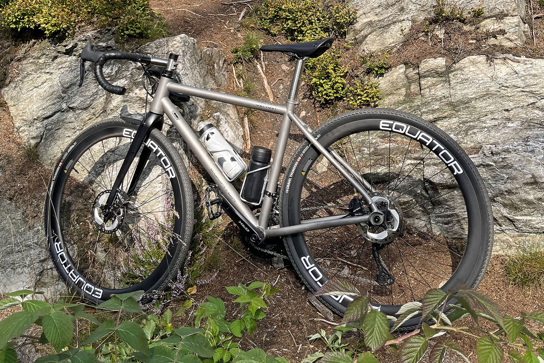 Equator's new affordable consumer-direct titanium gravel bikes, Sensei all-road fast gravel bike, non-driveside