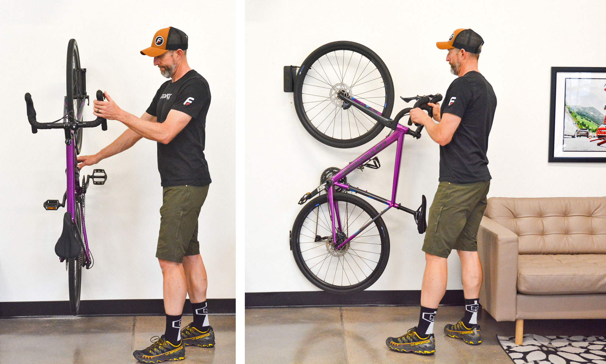 Feedback Sports Velo Hinge 2 adjustable home wall bike storage hook, hand and swing