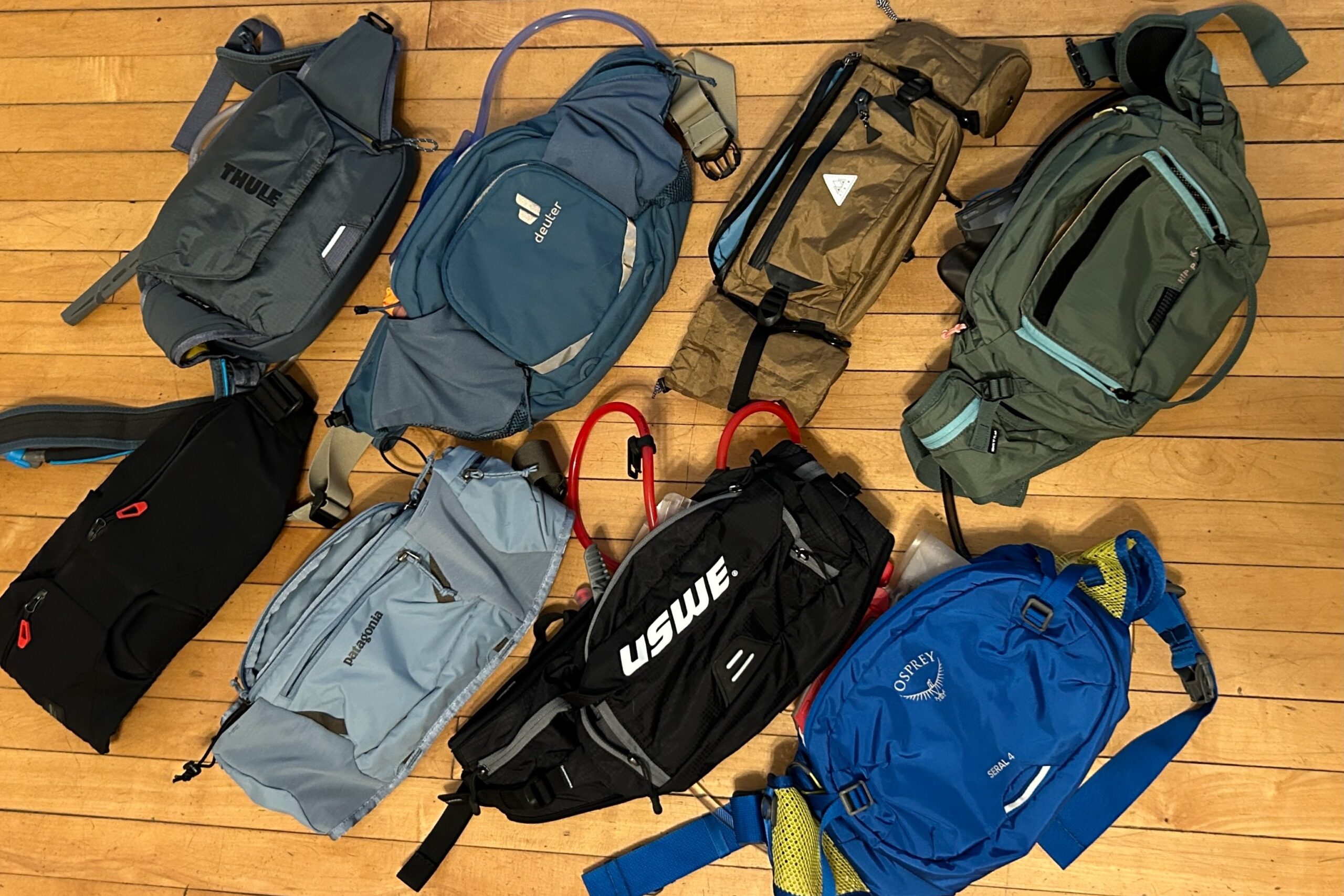 Group shot of many of the packs we tested for the mtb packs buyers guide