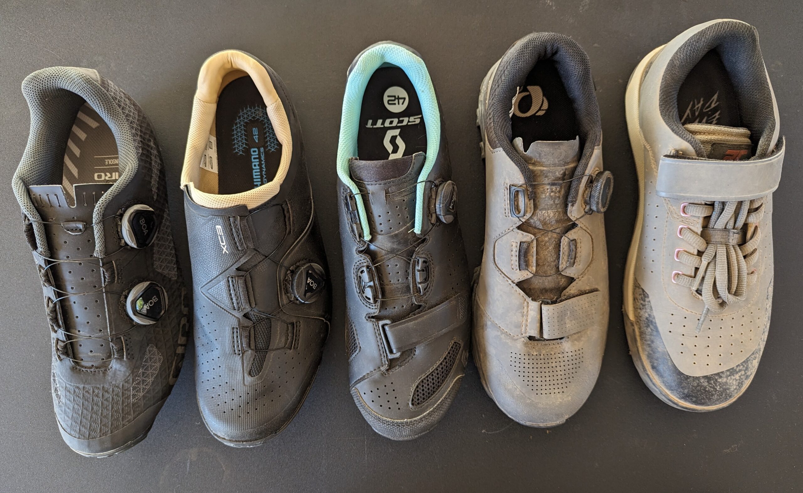 Comparison shot of different closure style on clipless women's mountain bike shoes