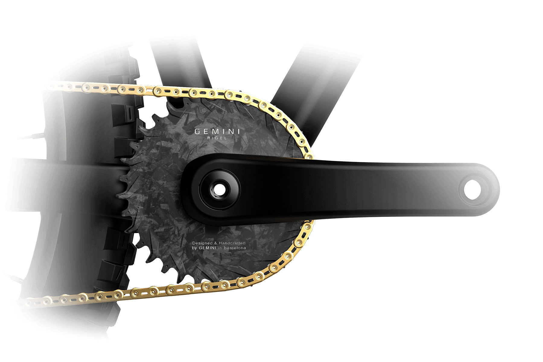 Gemini Rigel ultralight compression molded forged carbon 1x direct mount bike chainrings, rendering on crankset