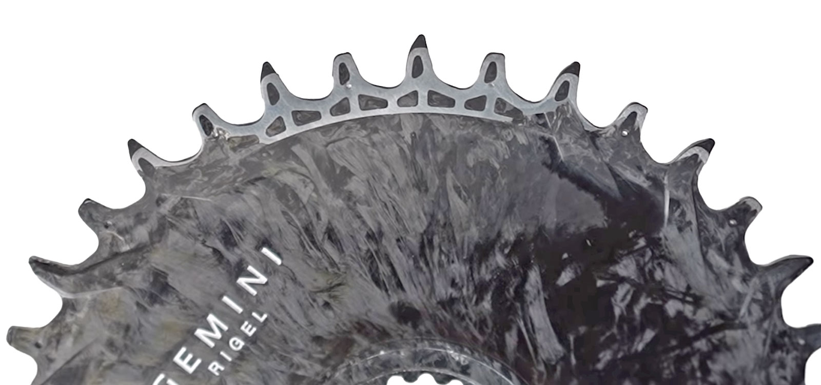 Gemini Rigel ultralight compression molded forged carbon 1x direct mount bike chainrings, prototype with alloy teeth exposed