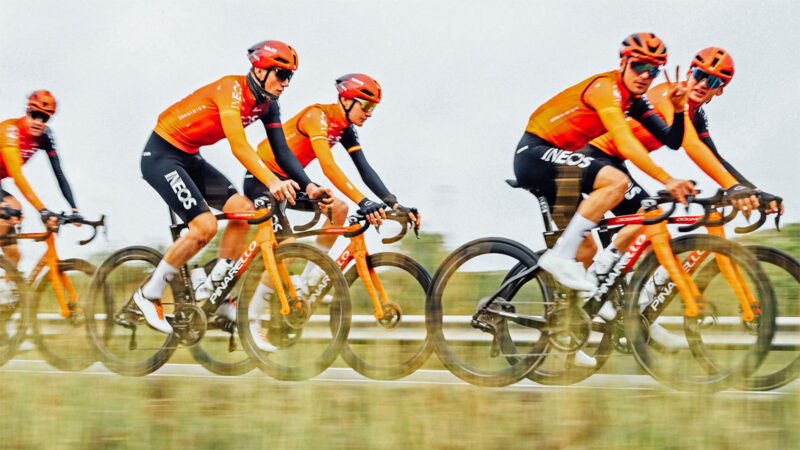 Kask Utopia X sneak peek, next gen aero road helmet ridden by INEOS Grenadiers, photo by Russ Ellis, training camp ride side