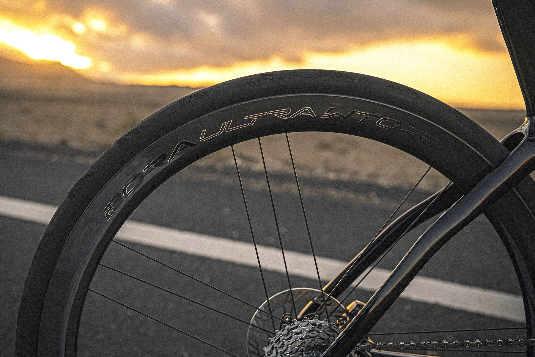 2024 Campagnolo Bora Ultra WTO faster lighter aero carbon road bike wheels, sunset detail
