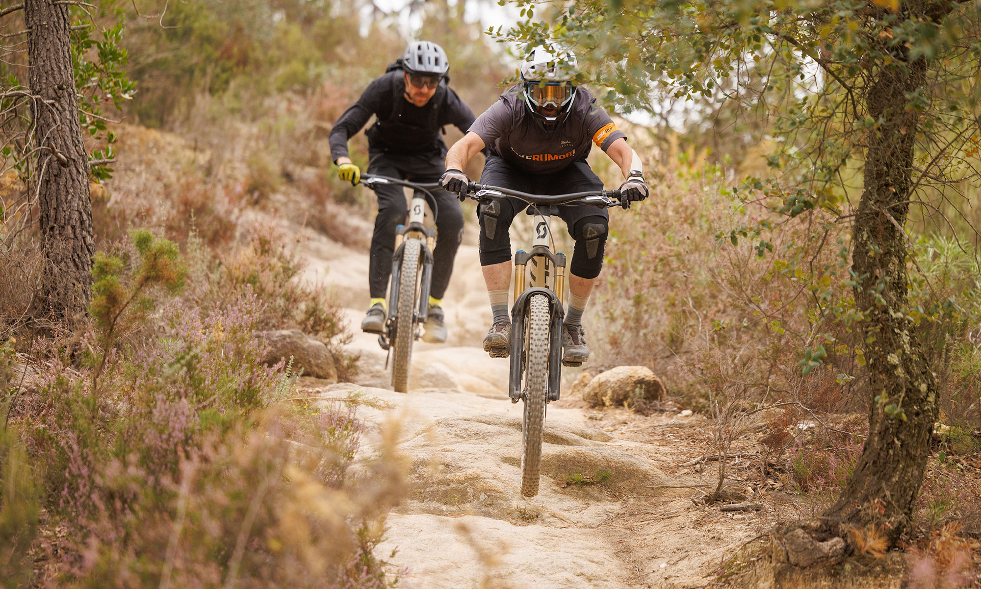 2024 Scott Ransom 170mm 6-bar carbon freeride enduro mountain bike, riding flying photo by Daniel Geiger