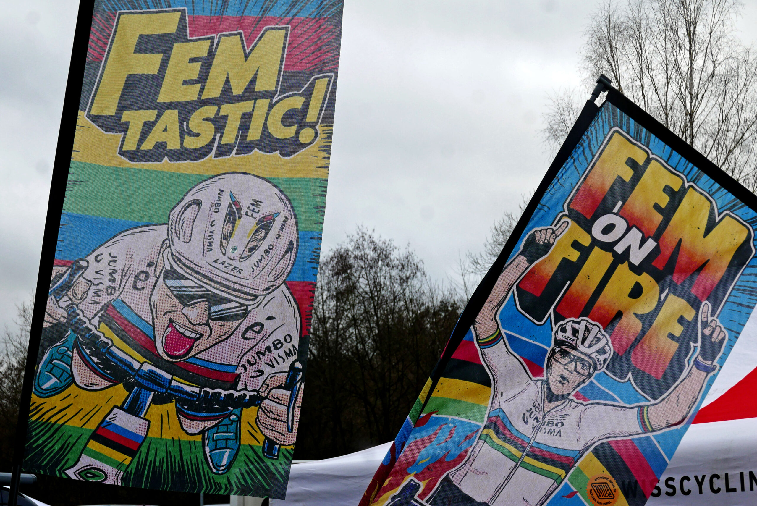 2024 Cyclocross World Champion Fem van Empel, promo flags by uncle Wouter van Empel
