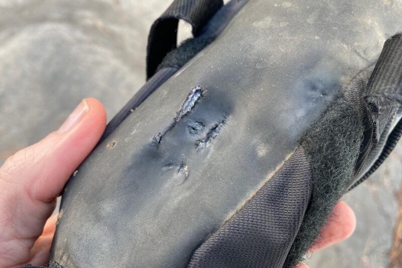Some holes from abrasion on a very heavily used saddle bag