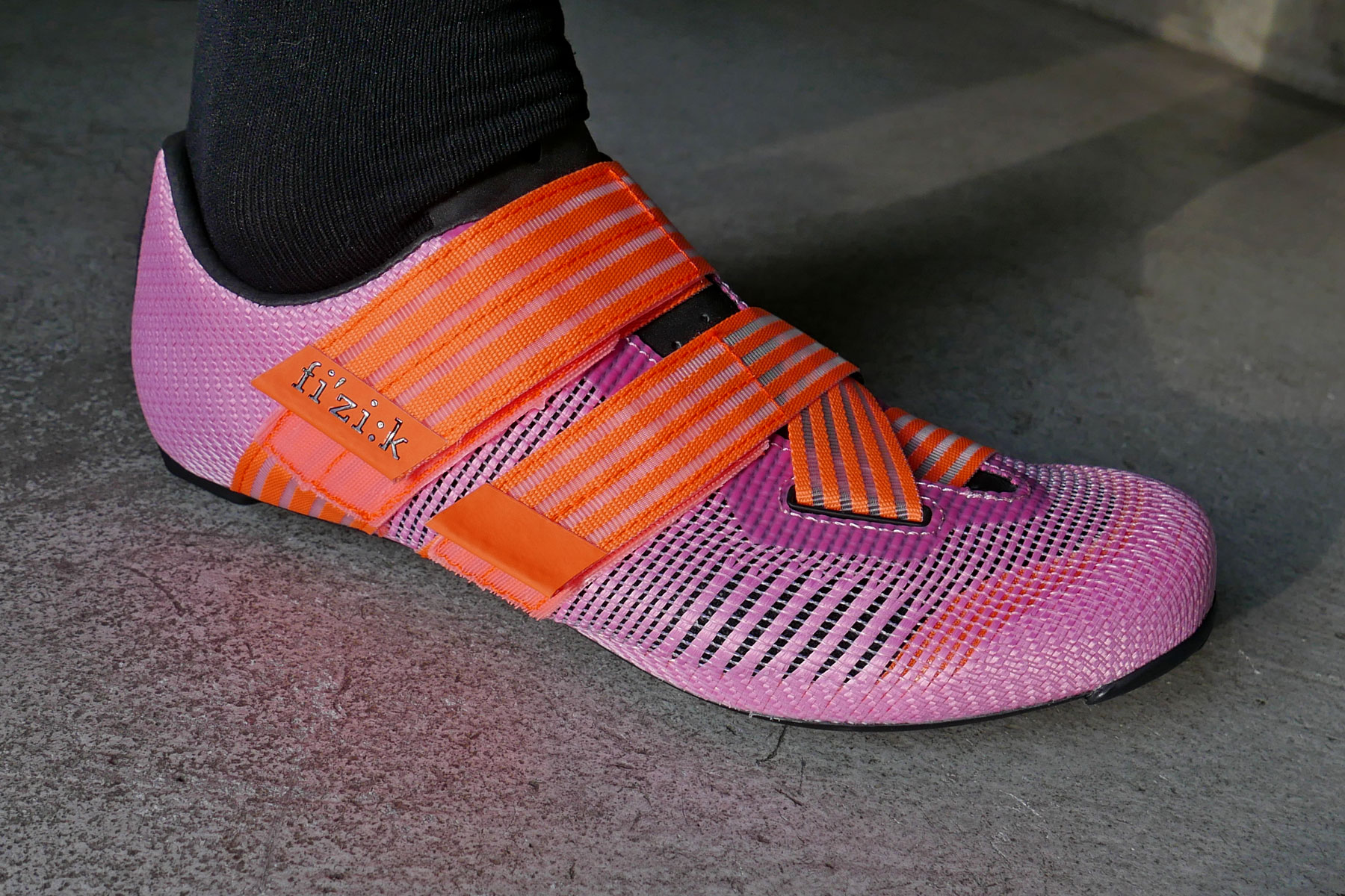 Fizik Powerstrap Aeroweave ultralight open mesh road bike race shoes, on foot with black sock