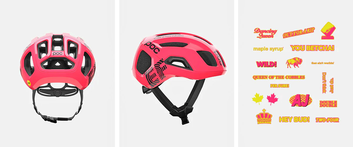 2024 POC Ventral Air MIPS limited Alison Jackson Cobbles edition aero road bike helmet, sticker pack detail