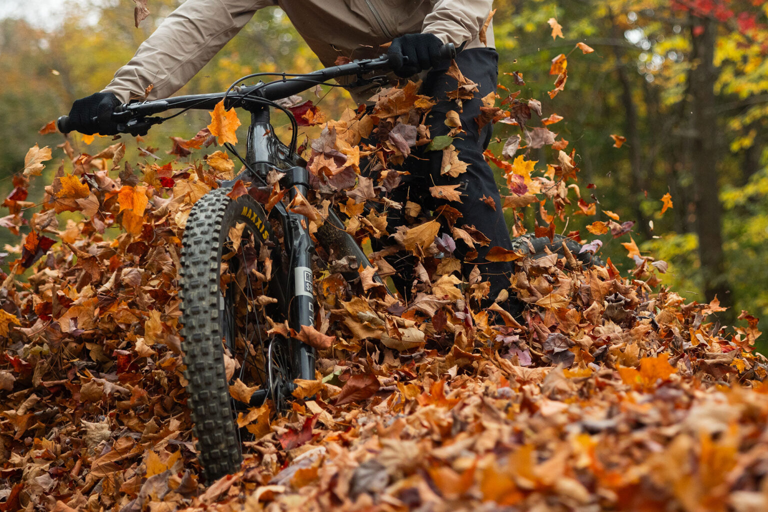All-new 2025 RockShox Psylo 130-160mm all-mountain trail bike suspension fork, riding through leaves