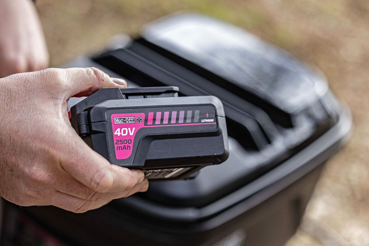 Muc-Off portable rechargeable Mobile Bike Pressure Washer, powered by 40V cordless drill batteries