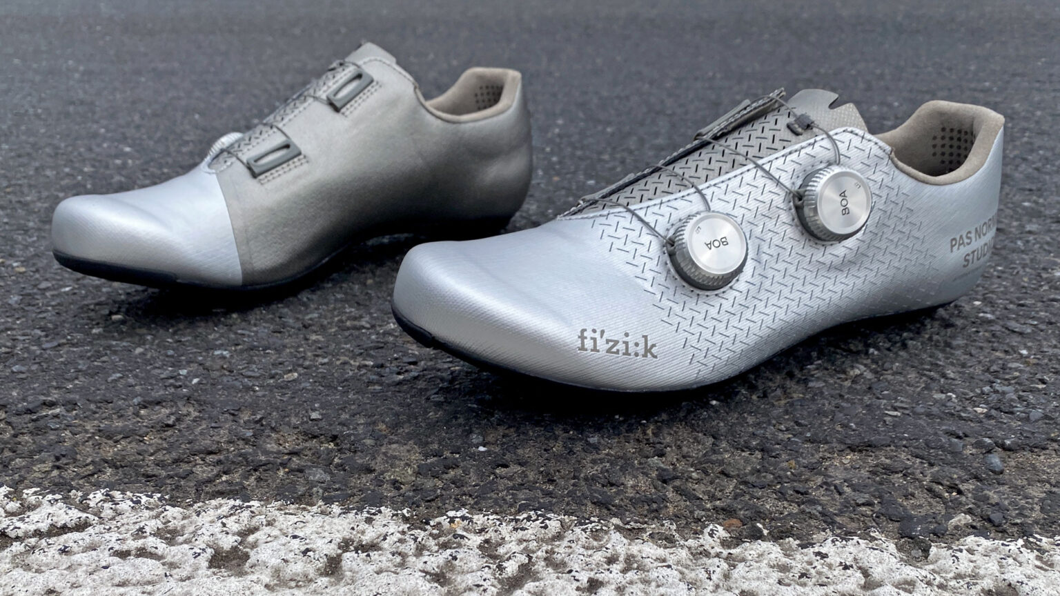 Fizik x Pas Normal Studios Mechanism carbon road shoes, on asphalt
