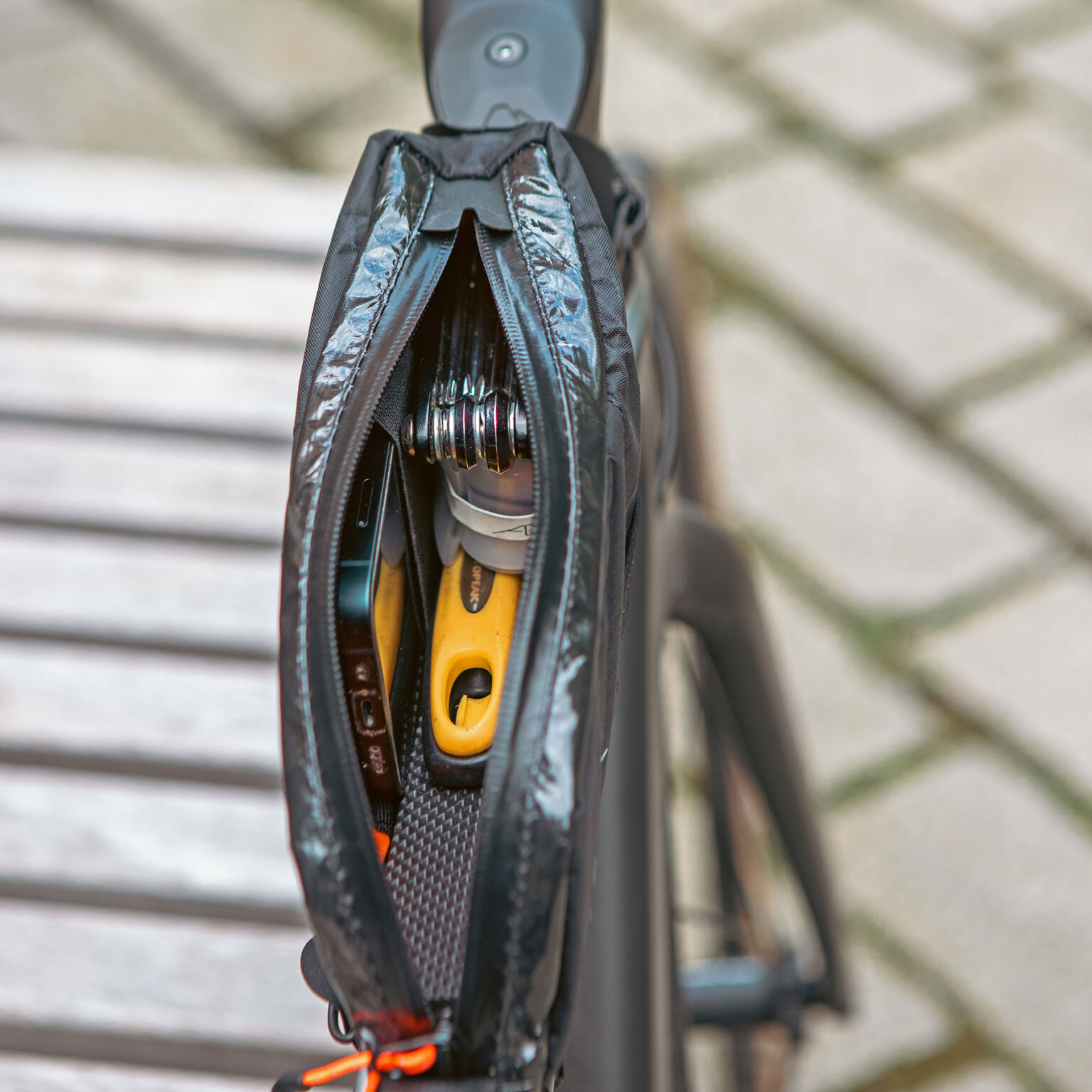 Restrap Race Top Tube Bag Short compact easy-access bolt-on toptube storage pack, peek inside