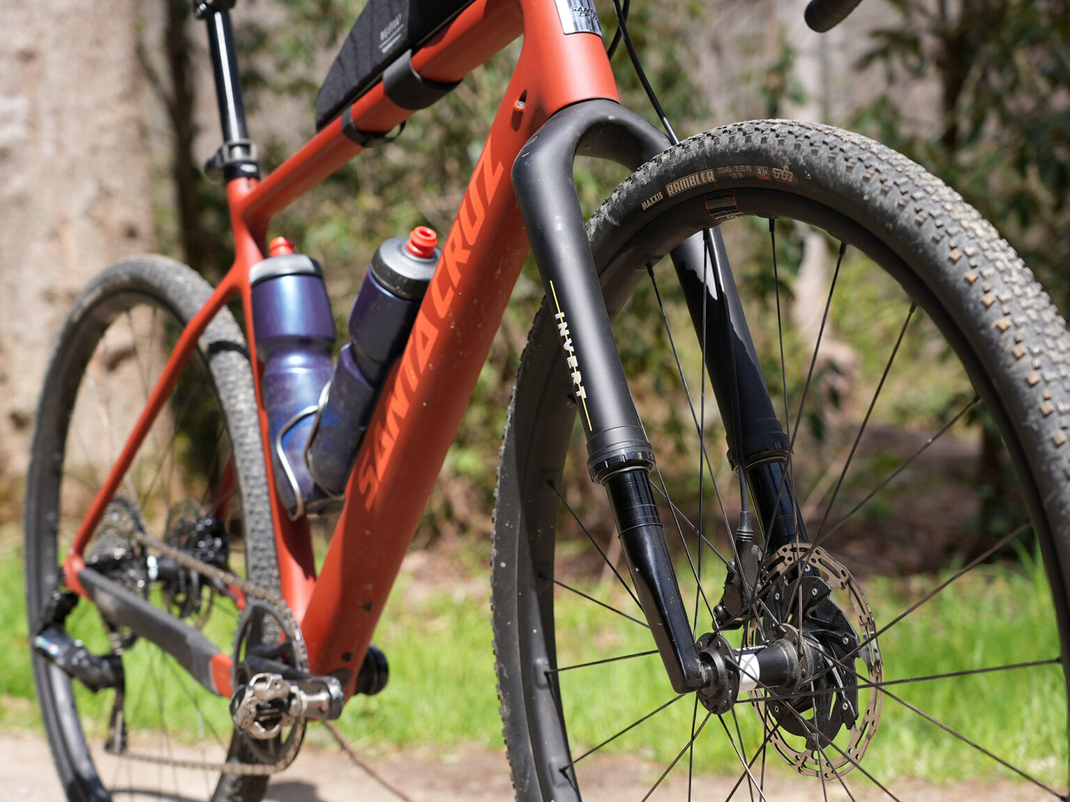 front angle view of cane creek invert upside gravel suspension fork
