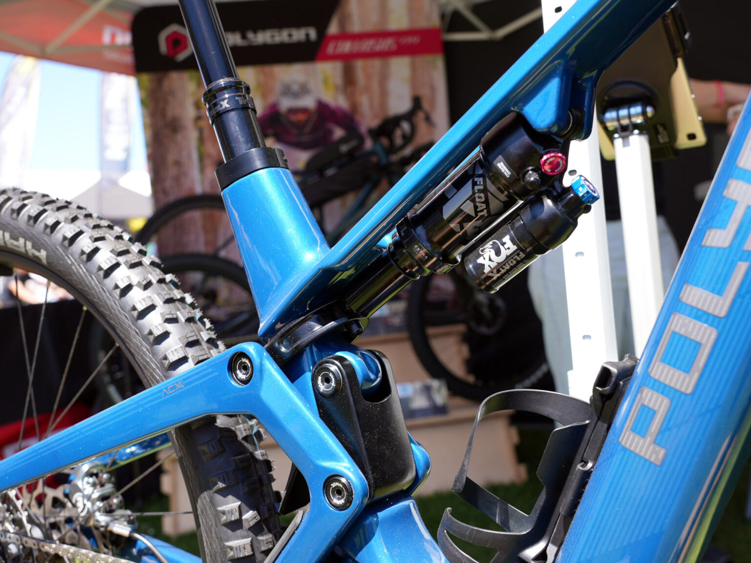 rear shock cutout closeup on prototype polygon siskiu lightweight e-mountain bike