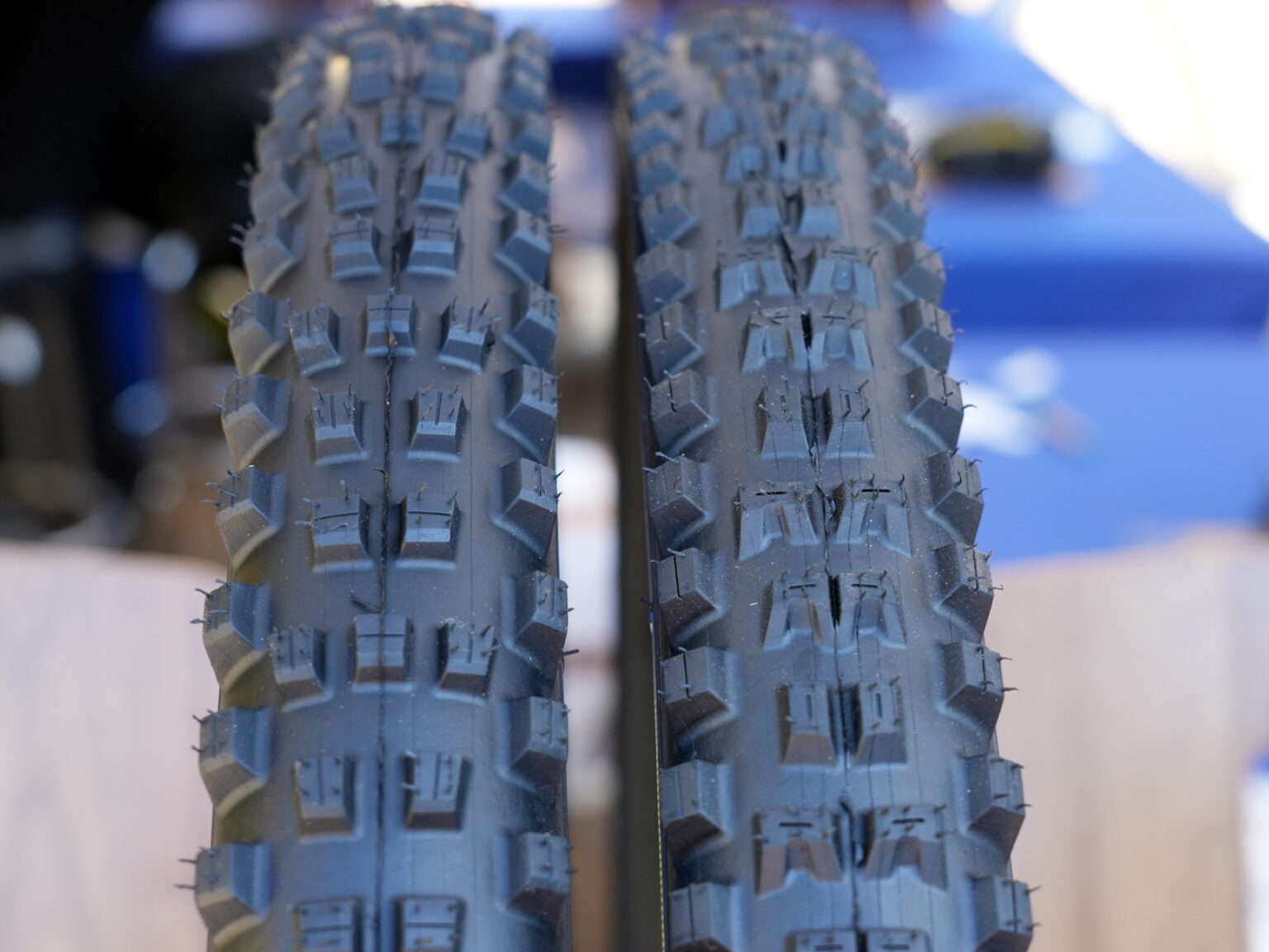 tread block patterns closeup on 2024 michelin DH16 and DH22 downhill mountain bike tires