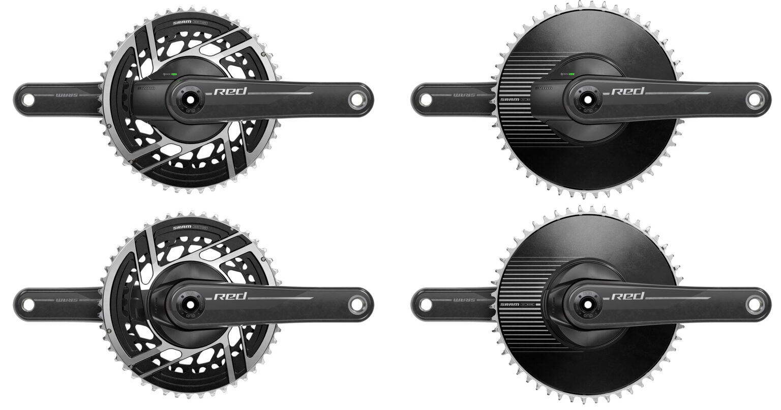 new sram red cranksets shown with 2x and 1x aero chainrings and quarq power meters.