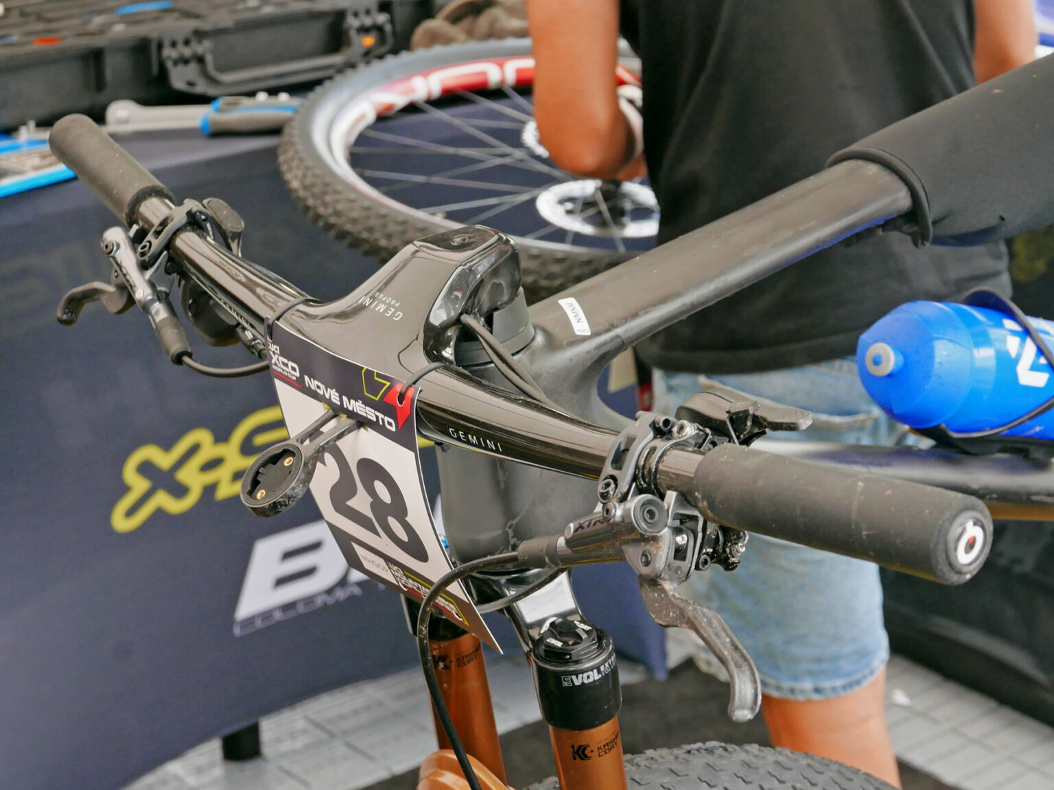 BH XC race carbon mountain bike prototype, likely Lynx Evo replacement raced in Nove Mesto World Cup, integrated cockpit with lots of cables