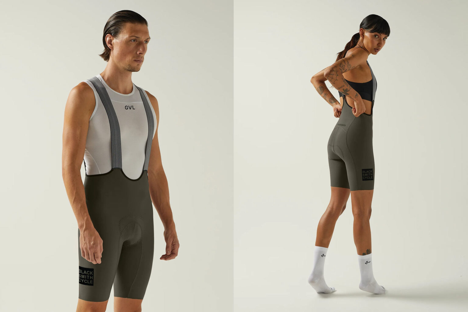 B Harms Special Projects Cycling bibshorts on a man and a woman
