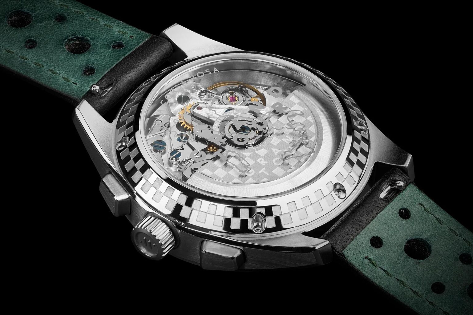 Bravur La Corsa Rosa IV luxury handmade mechanical chronograph watch celebrates Giro d'Italia, sapphire back exposes the watch movement