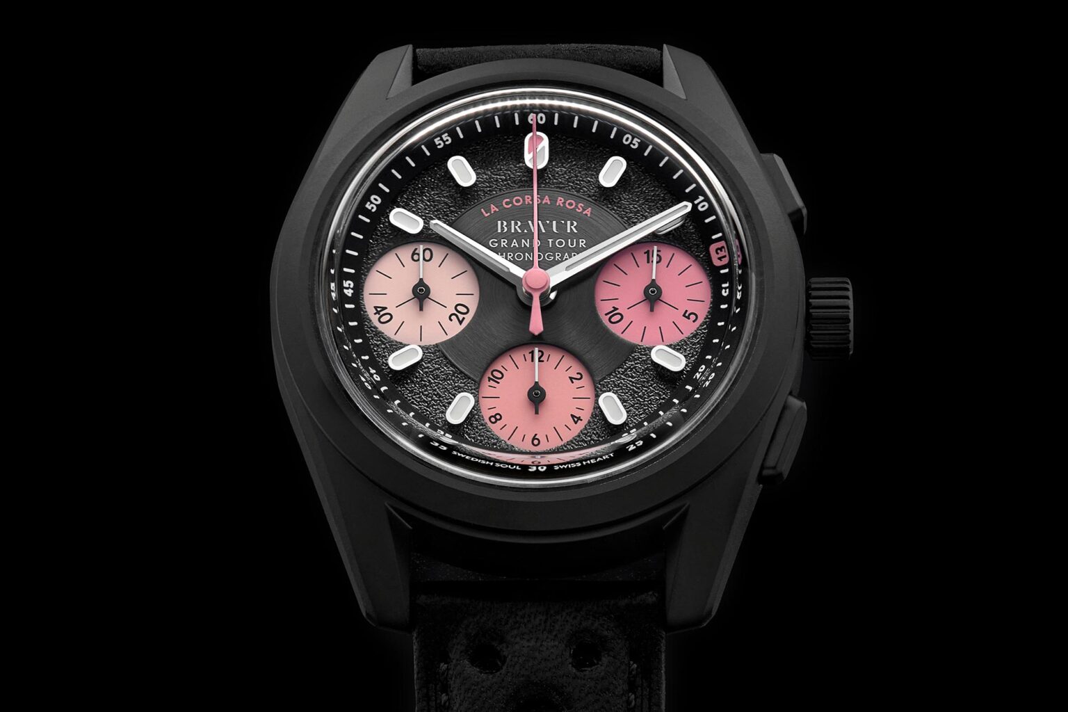 Bravur La Corsa Rosa IV luxury handmade mechanical chronograph watch celebrates Giro d'Italia, face