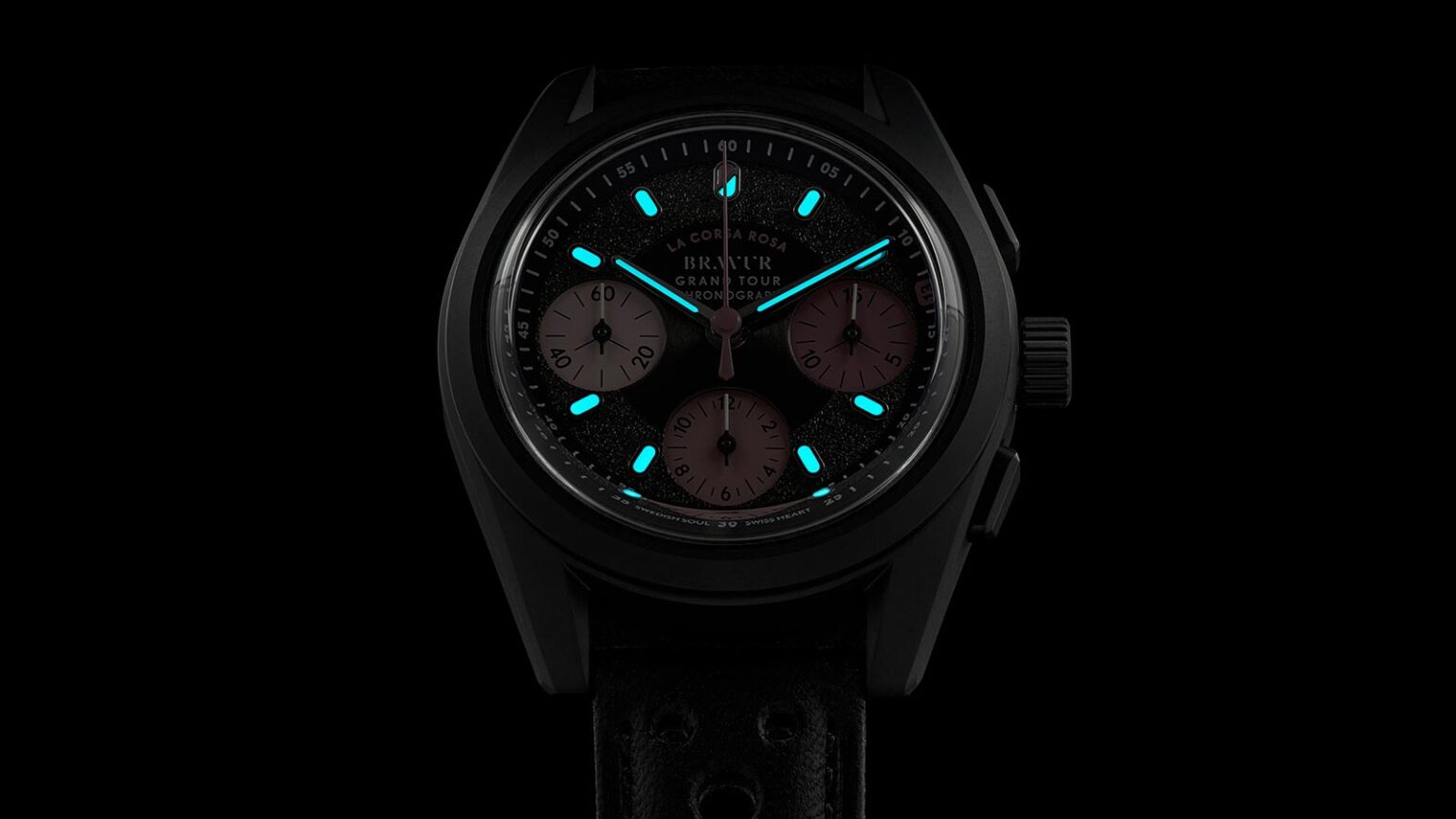 Bravur La Corsa Rosa IV luxury handmade mechanical chronograph watch celebrates Giro d'Italia, nighttime glow-in-the-dark mode