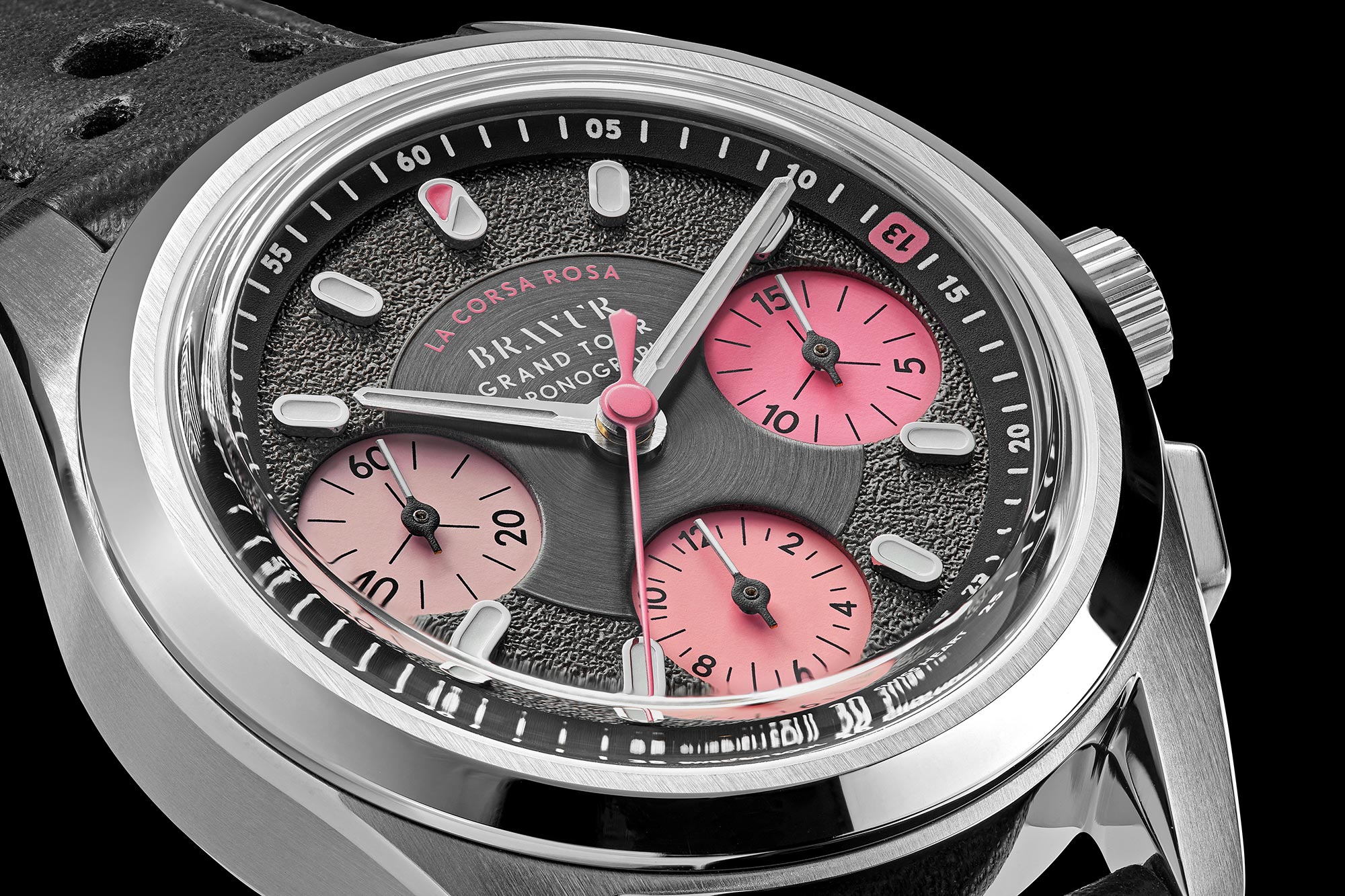 Bravur La Corsa Rosa IV luxury handmade mechanical chronograph watch celebrates Giro d'Italia, up close