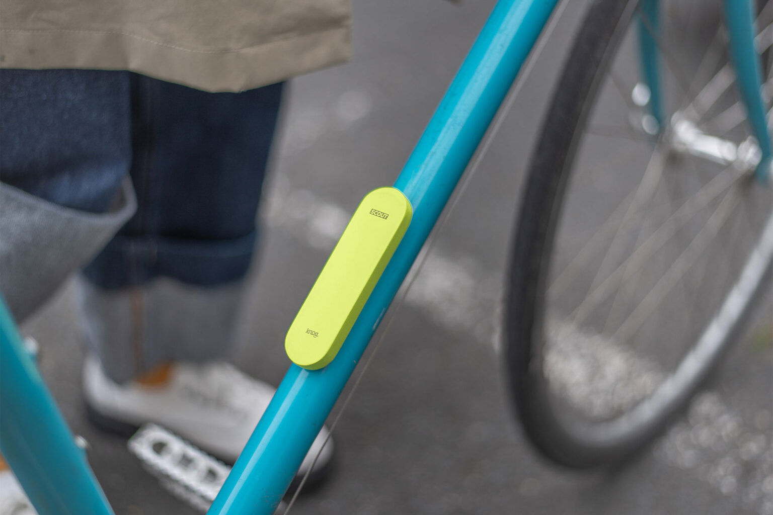 Knog Scout bike alarm and finder, on bike with cover