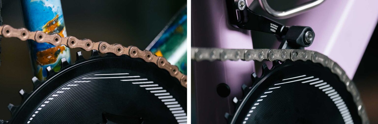chain management closeup on wolf tooth components aero chainring